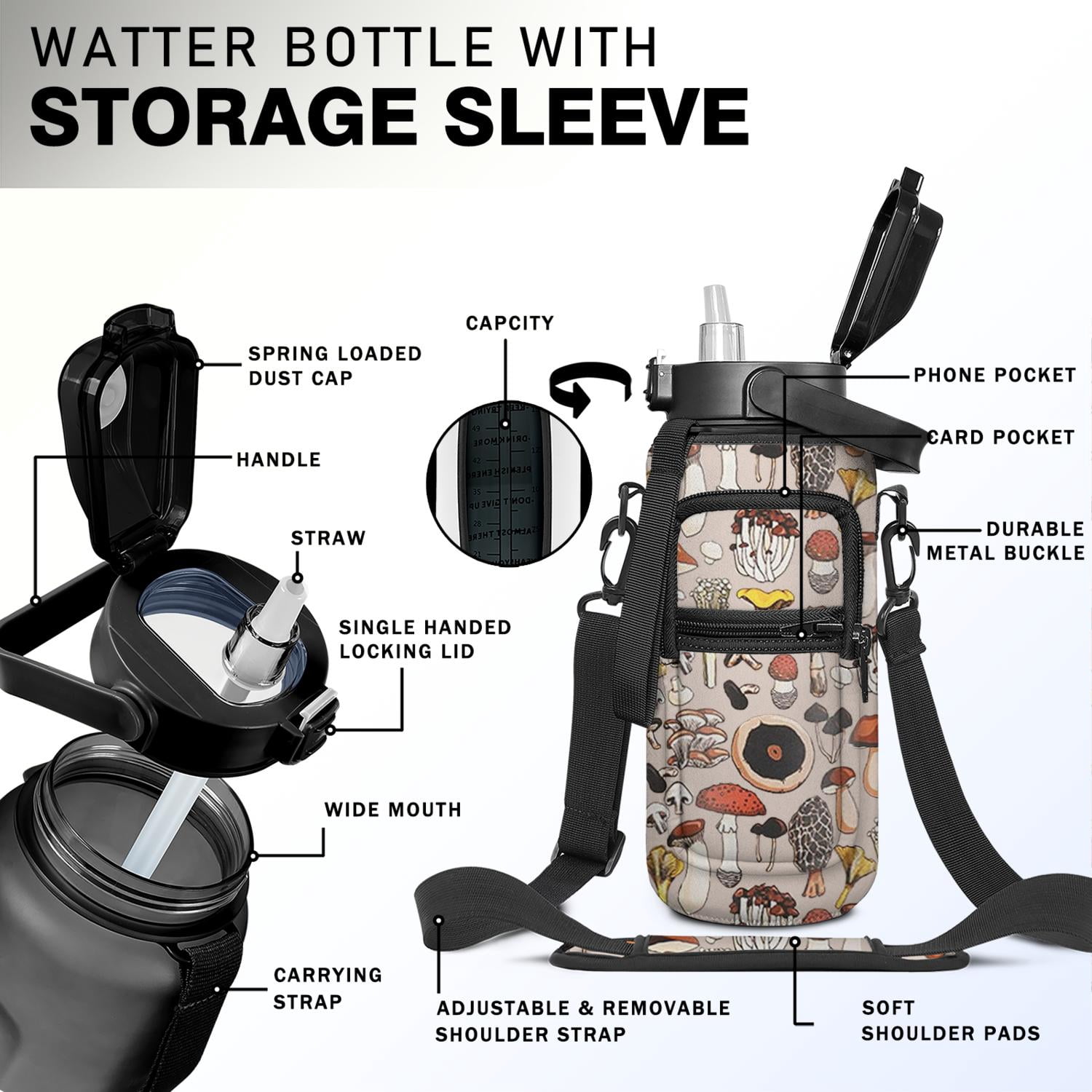 Mushroom 64 Oz Half Gallon Water Bottle with Sleeve - BPA Free Leakproof Sport Large Plastic Water Bottle with Straw Strap & Insulated Neoprene Holder Carrier Bag Great Gift for Women Men