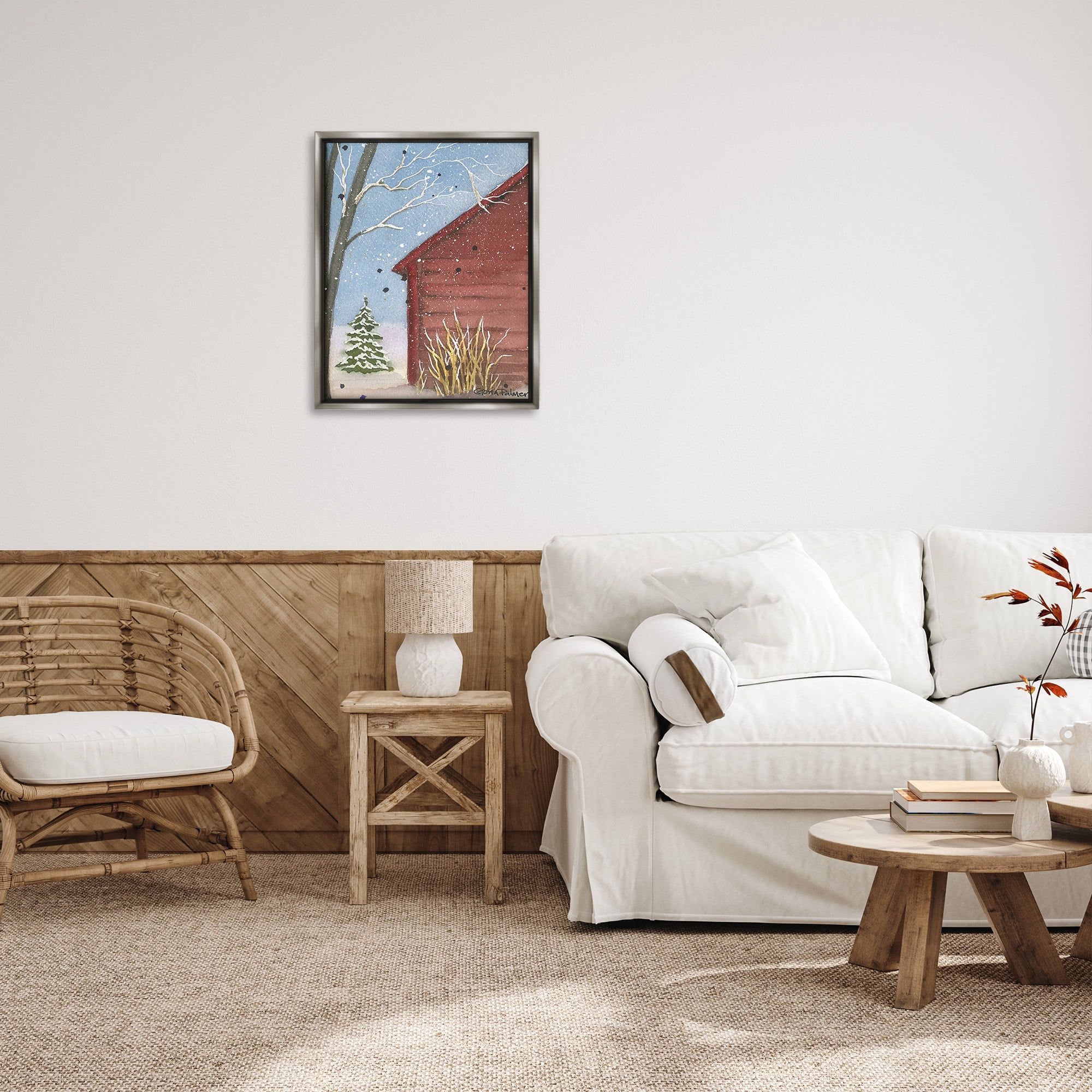 Stupell Industries Winter Snowy Cabin Holiday Painting Gray Floater Framed Canvas Art Print Wall Art, 25 x 31