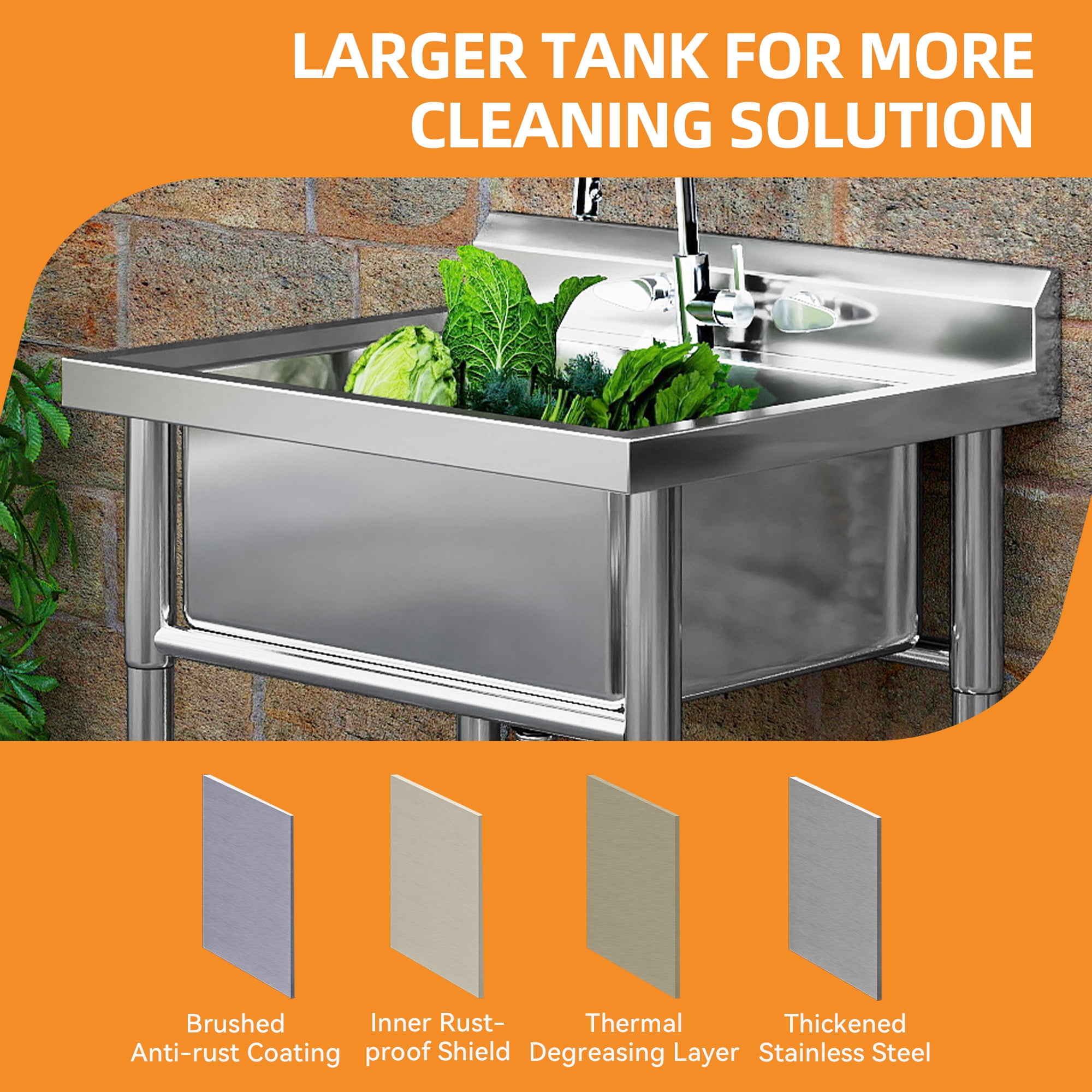 Craftian Stainless Steel Utility Sink with Single Water Tank & Drainage Pipe for Kitchen/Laundry/Garage, Silver