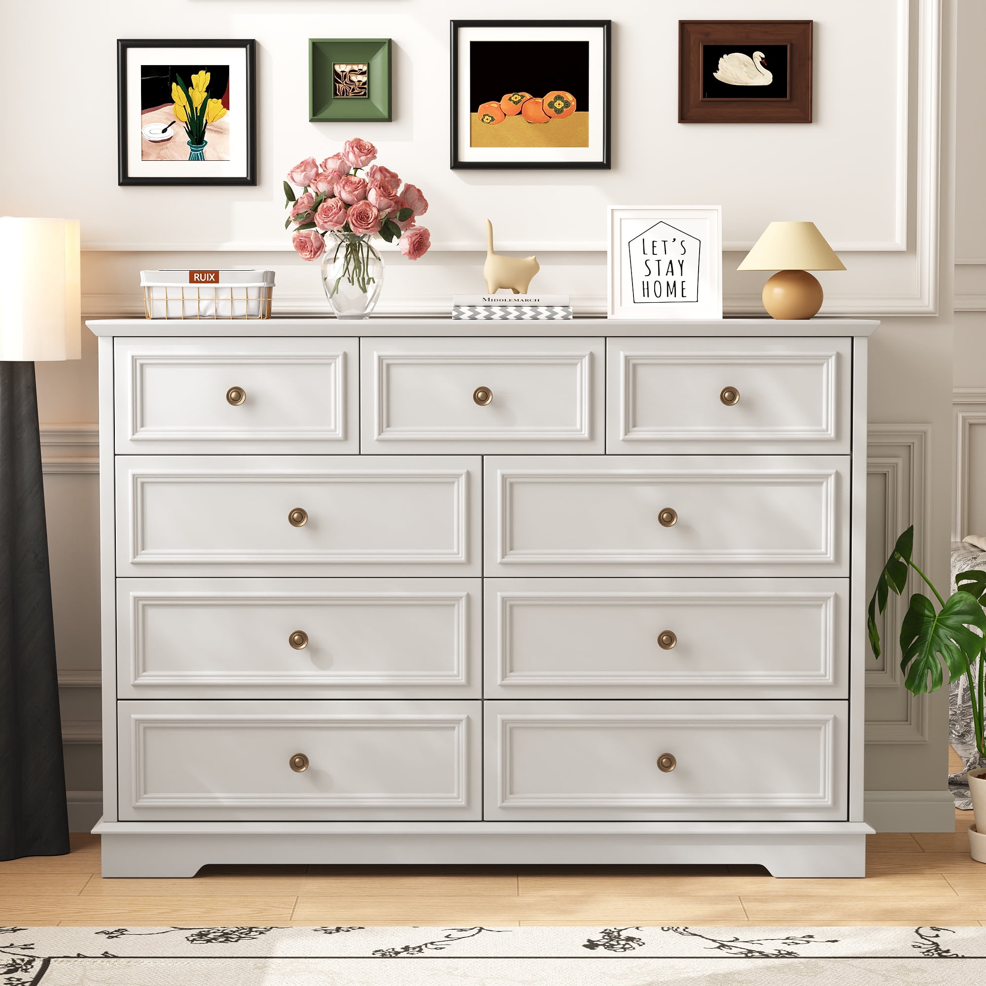 9 Drawer Dresser for Bedroom, Wood Chest of Drawers, Rustic-Style Dresser with Metal Handles, Tall Storage Dresser Organizer, White