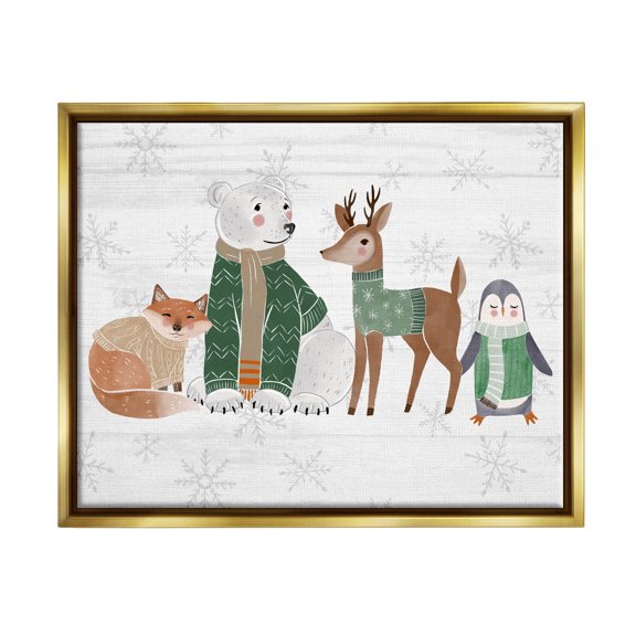 Stupell Industries Winter Wildlife Animals Snowflakes Graphic Art Metallic Gold Floating Framed Canvas Print Wall Art, Design by The Saturday Evening Post