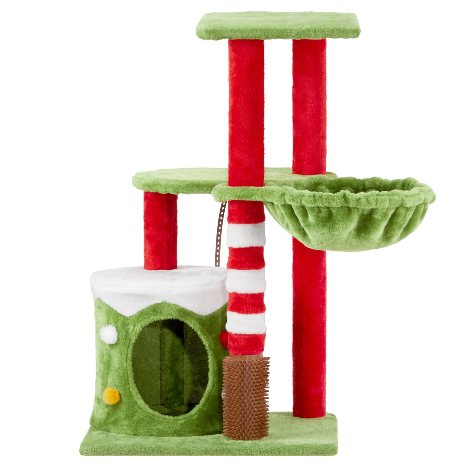 32in Christmas Themed Cat Scratching Post Tower 4-in-1 Holiday Cat Tree with Condo, Hammock Massage Brush Sturdy Anti-Tip Activity Center for Indoor Cats