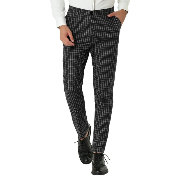 Pantalones de negocios para hombre Pantalones de vestir a cuadros con frente plano y corte ajustado estampado a cuadros Blanco negro M