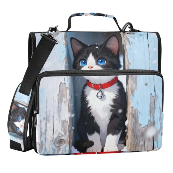 Zipper Binder Little Black Cat 1.5 Inch Binder Folder Bag with Shoulder Strap and Handle