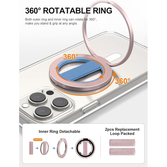 YUYAN-MagOne Ultra for Magsafe Phone Grip Kickstand [Replaceable Elastic Finger Loop], Mag Safe Ring Holder Stand, Two-Sided Magnetic Phone Accessories for iPhone 17,16,15,14,13,12 Pro/Max/Plus-RoseG