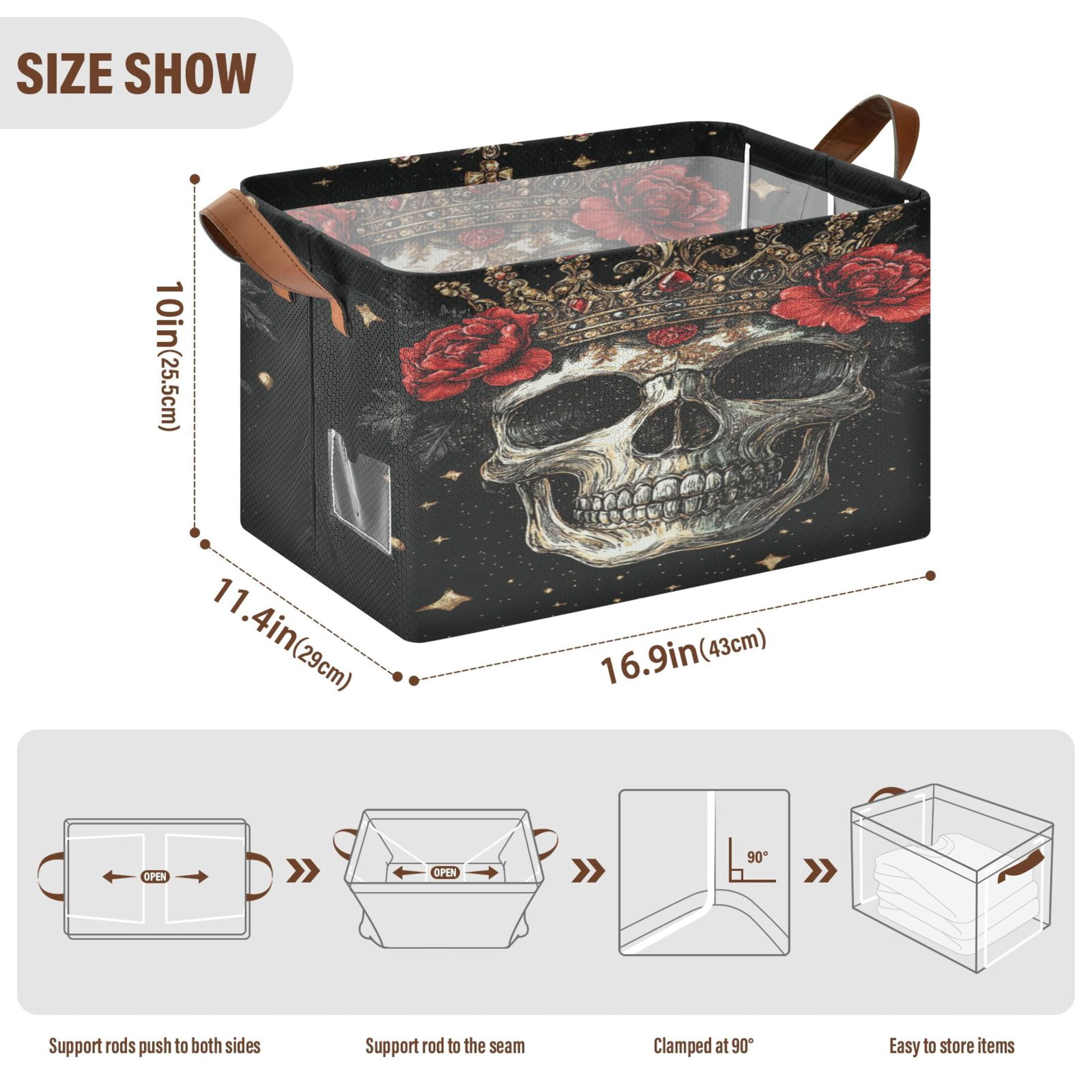 WOBOGO Crown Skull Black Pattern Storage Basket 16.9×11.4×10in Collapsible Oversized with Metal Iron Frame Set of 1