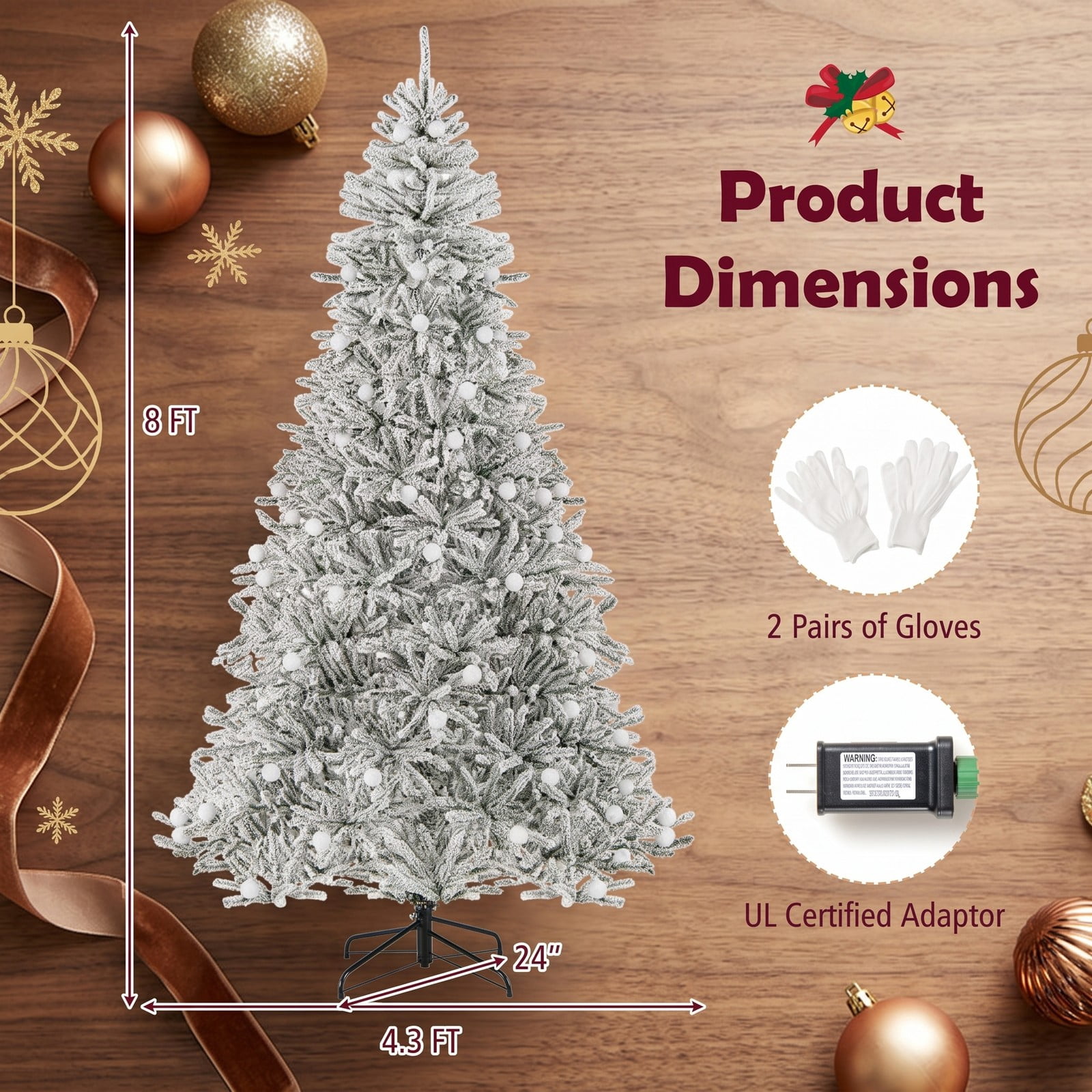 RUIE 8 Feet Pre-lit Snow-Flocked Artificial Christmas Tree, Hinged Xmas Tree with 450 Warm White LED Lights, 81 Sphere Lights, Remote and Timer for, Green & White