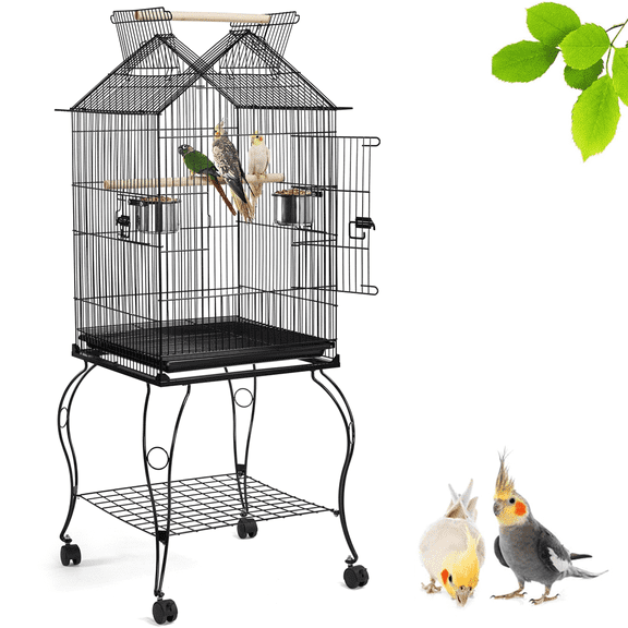 Yaheetech 57''H Open Top Metal Parrot Cage Rolling Birdcage with Perches, Black