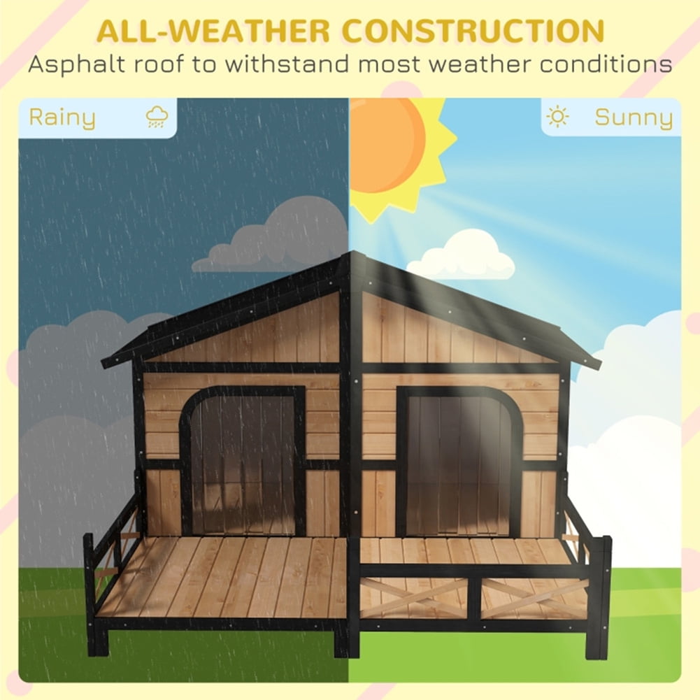 Kadyn Cabin Style Raised Dog Shelter with Roof, Doors, and Window, Wooden Dog House Outdoor with Porch, for Medium Large Sized Dog, Natural