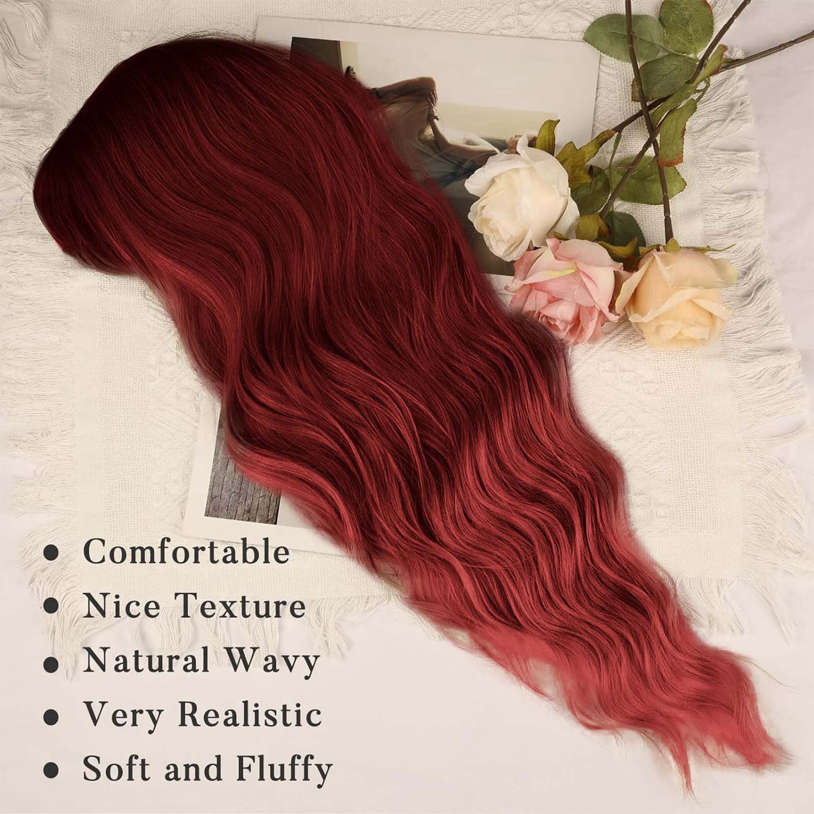 Long Wavy Wig with Bangs for Women, Brown Highlight Synthetic Wig with Dark Roots, Heat Resistant Wigs for Daily Party Use(Red,One Size)