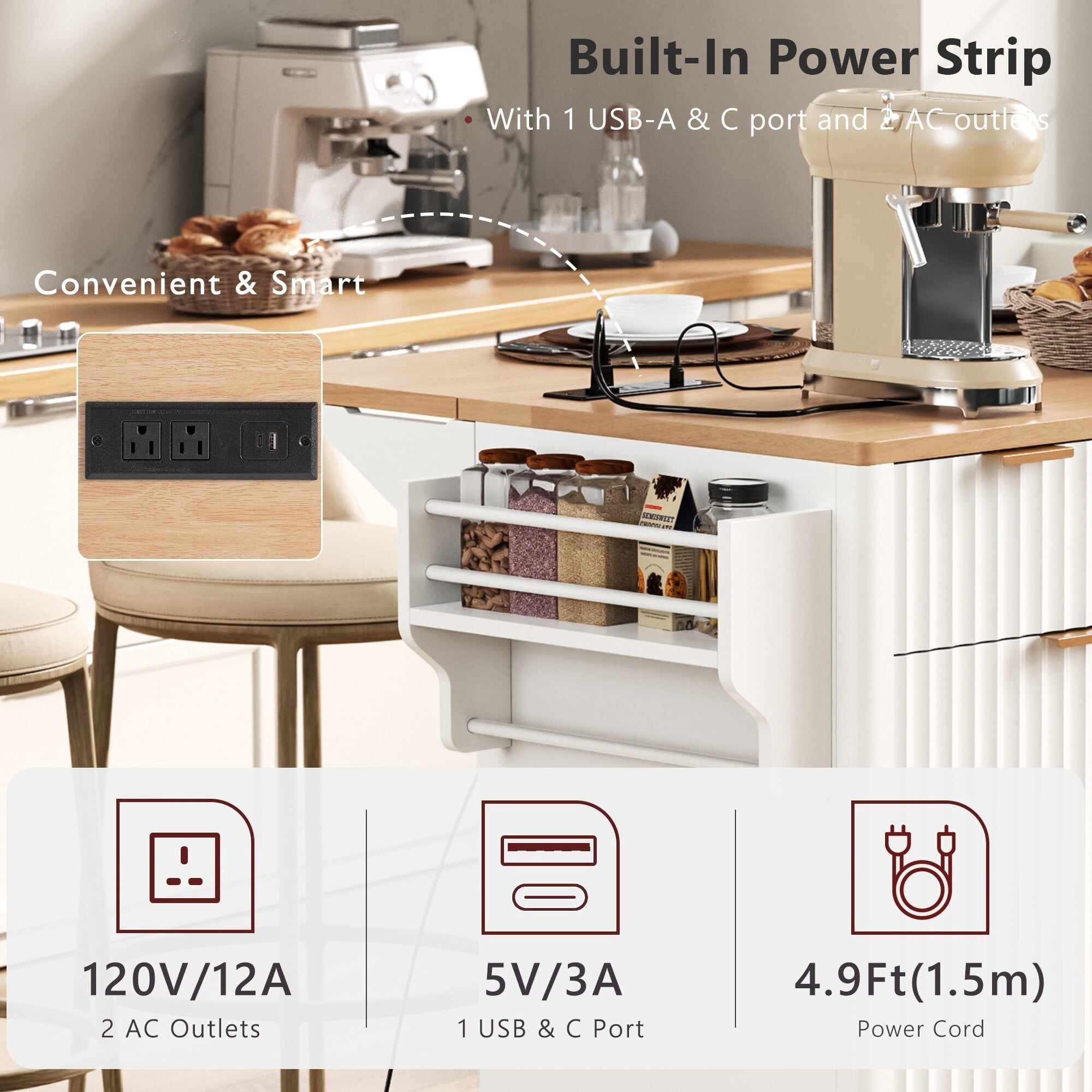 AENKYO 55" Fluted Kitchen Island with Drop Leaf & Power Outlet, Rolling Storage Cart with 3 Drawers, White