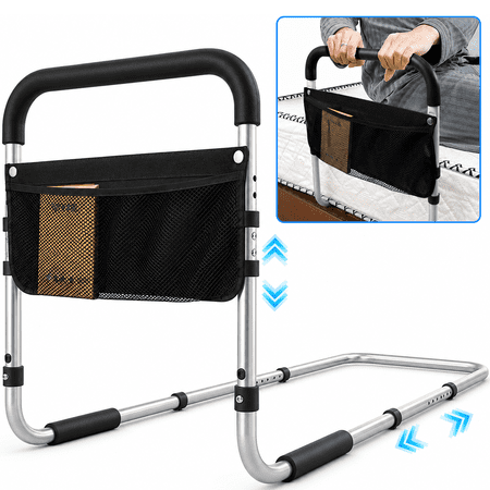 Bed Rails for Elderly Adults, Adjustable Bed Assist Rail for Seniors with Non-Slip Foam Handle, 300 lbs Bedside Safety Rail with Extended Base, Mesh Pocket & Securing Strap for Queen King Twin Beds