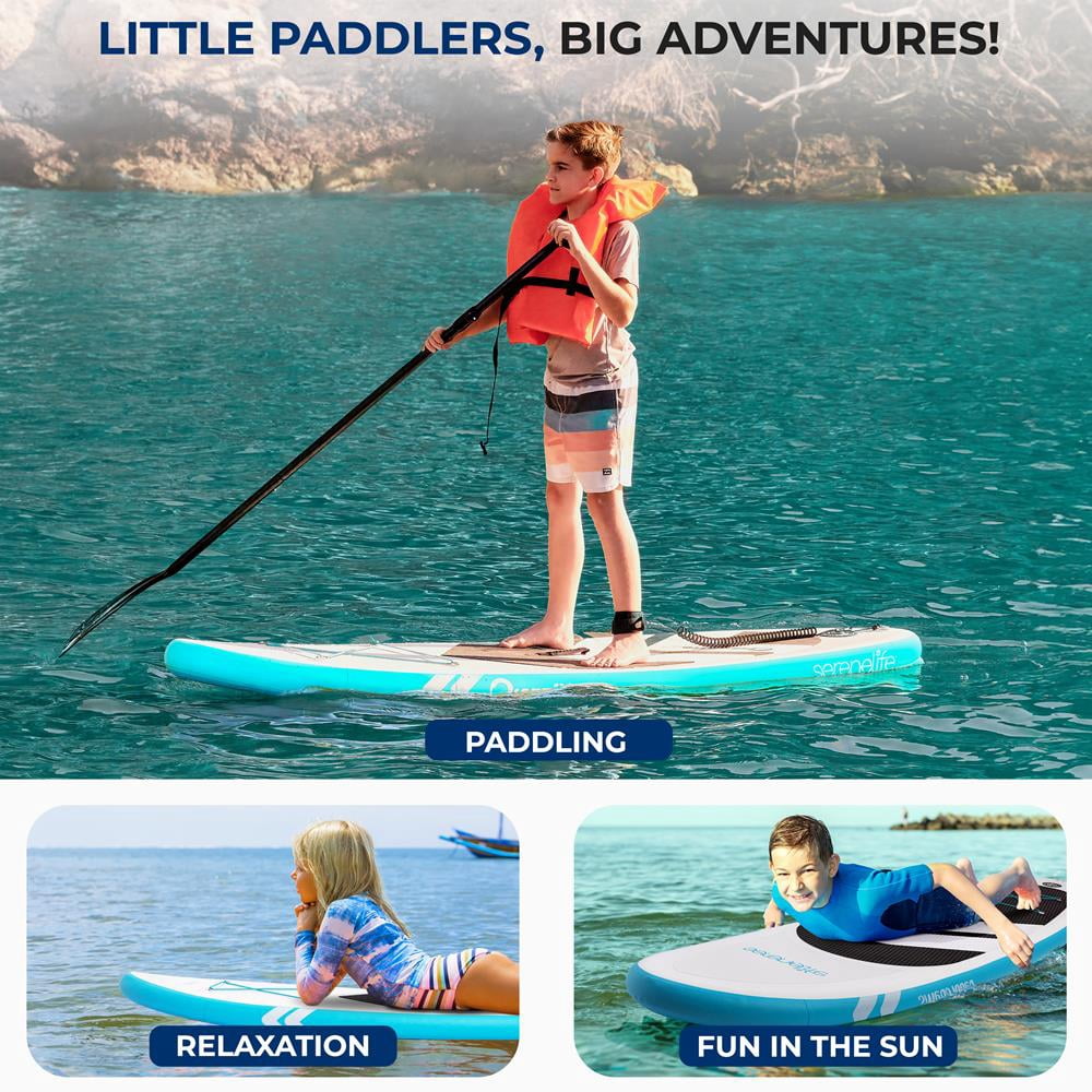 SereneLife 7'9" Kids Inflatable Stand Up Paddle Board - SUP for Youth with Single-Action Pump, Adjustable Paddle & Backpack - 30 Wide Stable Design with Non-Slip EVA Deck Pad, Ages 5+, 200lb Capacity