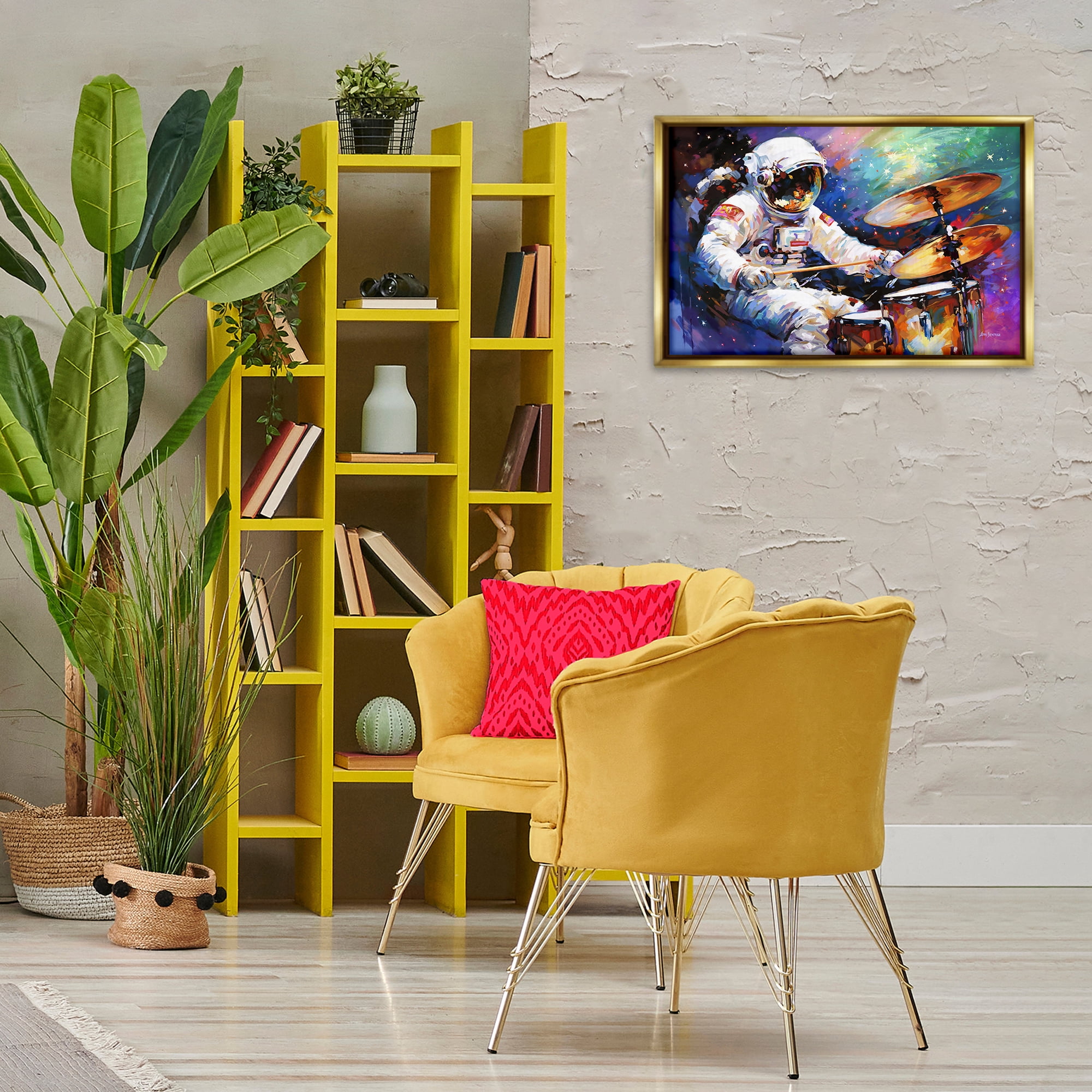 Stupell Industries Cosmic Drummer Musician Astrology & Stars Painting Gold Floater Framed Canvas Art Print Wall Art, 25 x 17