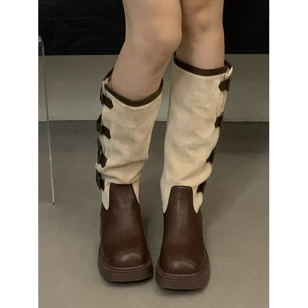 UKAP Ladies Biker Boot Block Heel Fashion Booties Round Toe Riding Boots Party Tall Bootie Lightweight Winter Shoes Dark Brown 5.5 Walmart