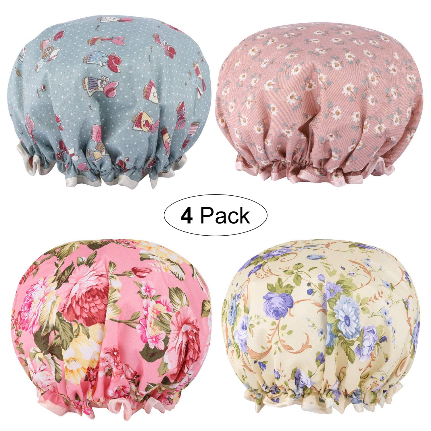 Amerteer Shower Cap, 4Pack Bath Caps for Women and Girl, Double