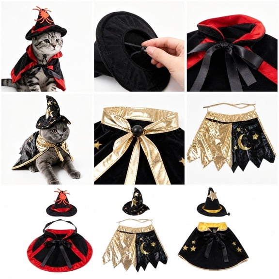 Cat Halloween Outfit, Halloween for Cats, Cat Halloween Costumes, Halloween Pet Outfit, Made of Lightweight Satin Trim and Felt Accents, Includes Star Embroidered Cat Cloak and