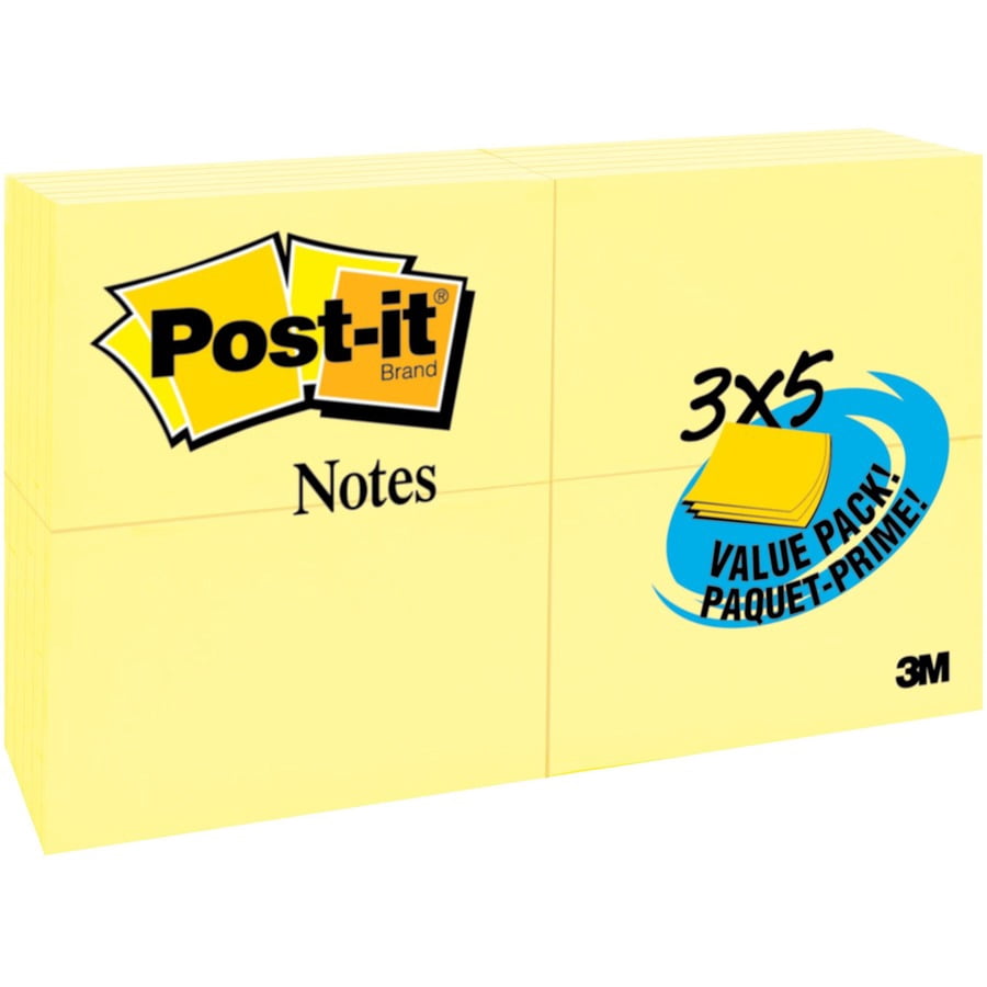 Post-it Notes Original Pads in Canary Yellow, 3 x 5, 90-Sheet, 24/Pack -MMM65524VADB