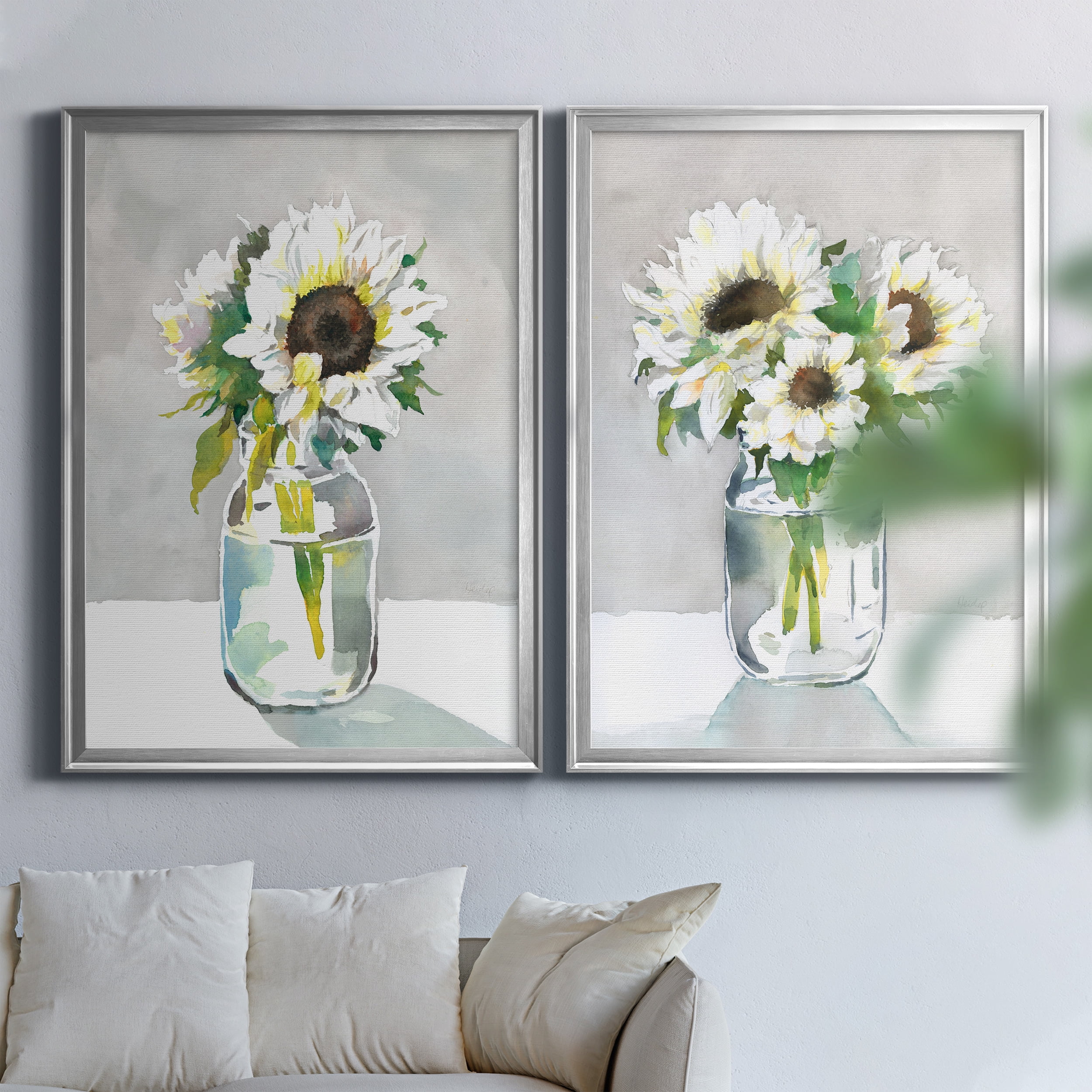 2 Piece Set Sunflower I Premium Framed Canvas - Ready to Hang - 26.5 x 36.5 Each - Silver Frame