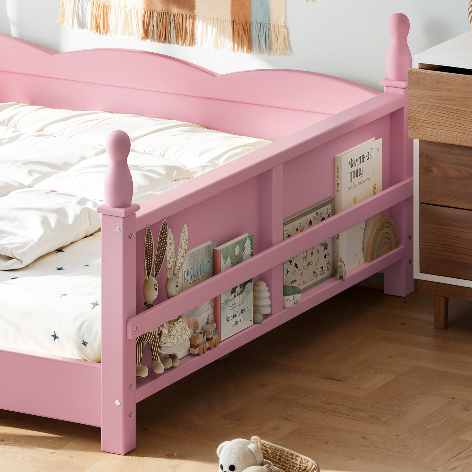Montessori Full Floor Bed with Full-Length Guardrails and Bookshelf, Low Profile Kids Bed with Childlike Design, Pink