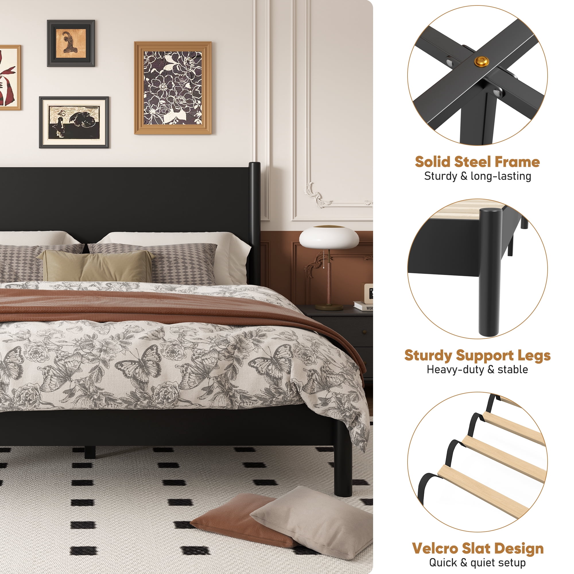 Frostbloom Queen Size Solid Wood Platform Bed Frame, with 7.3'' Under-bed Storage, Black