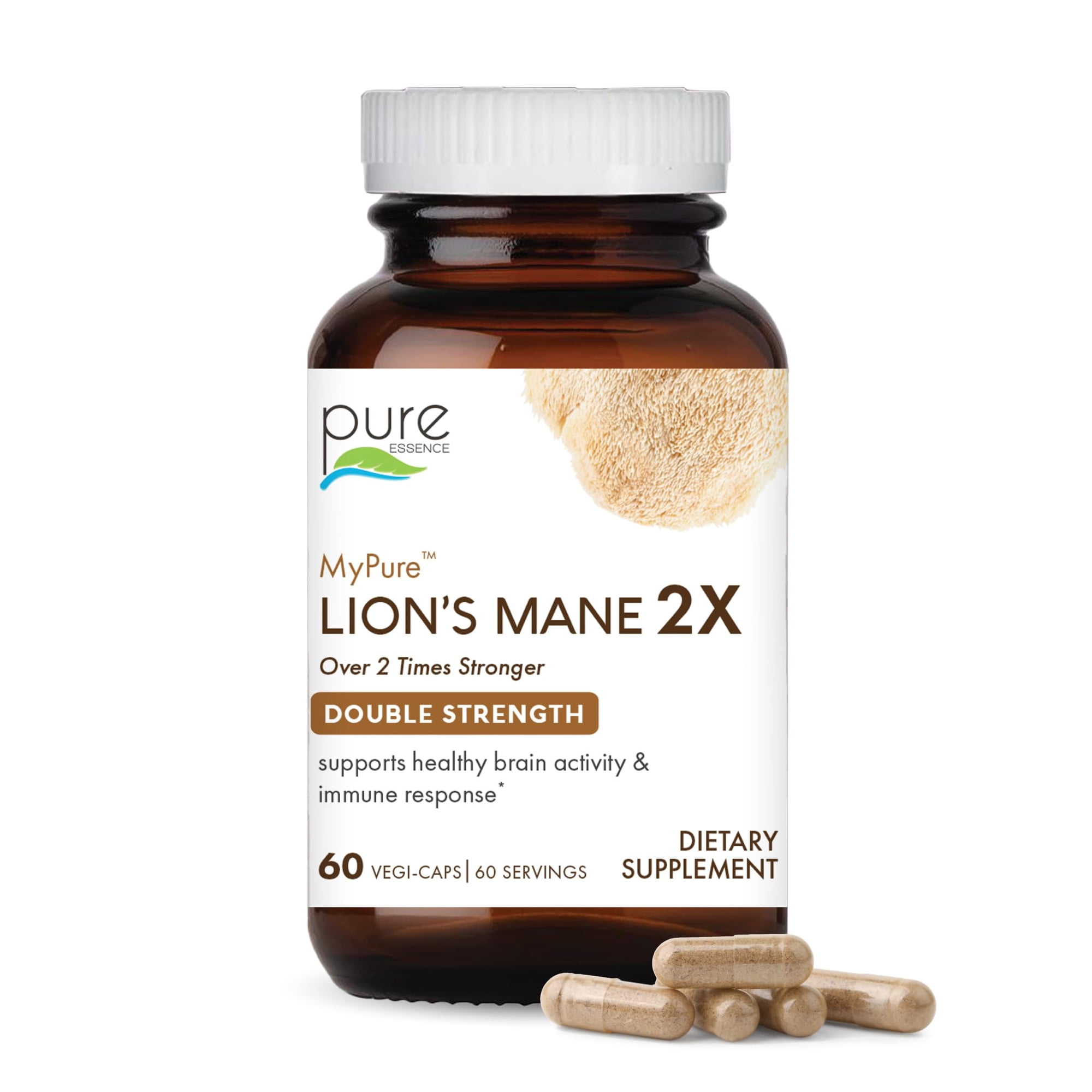 Pure Essence Labs - MyPure Lion's Mane 2X, Organic Mushroom Extract for Focus & Brain Health - 60 Vegetarian Capsules