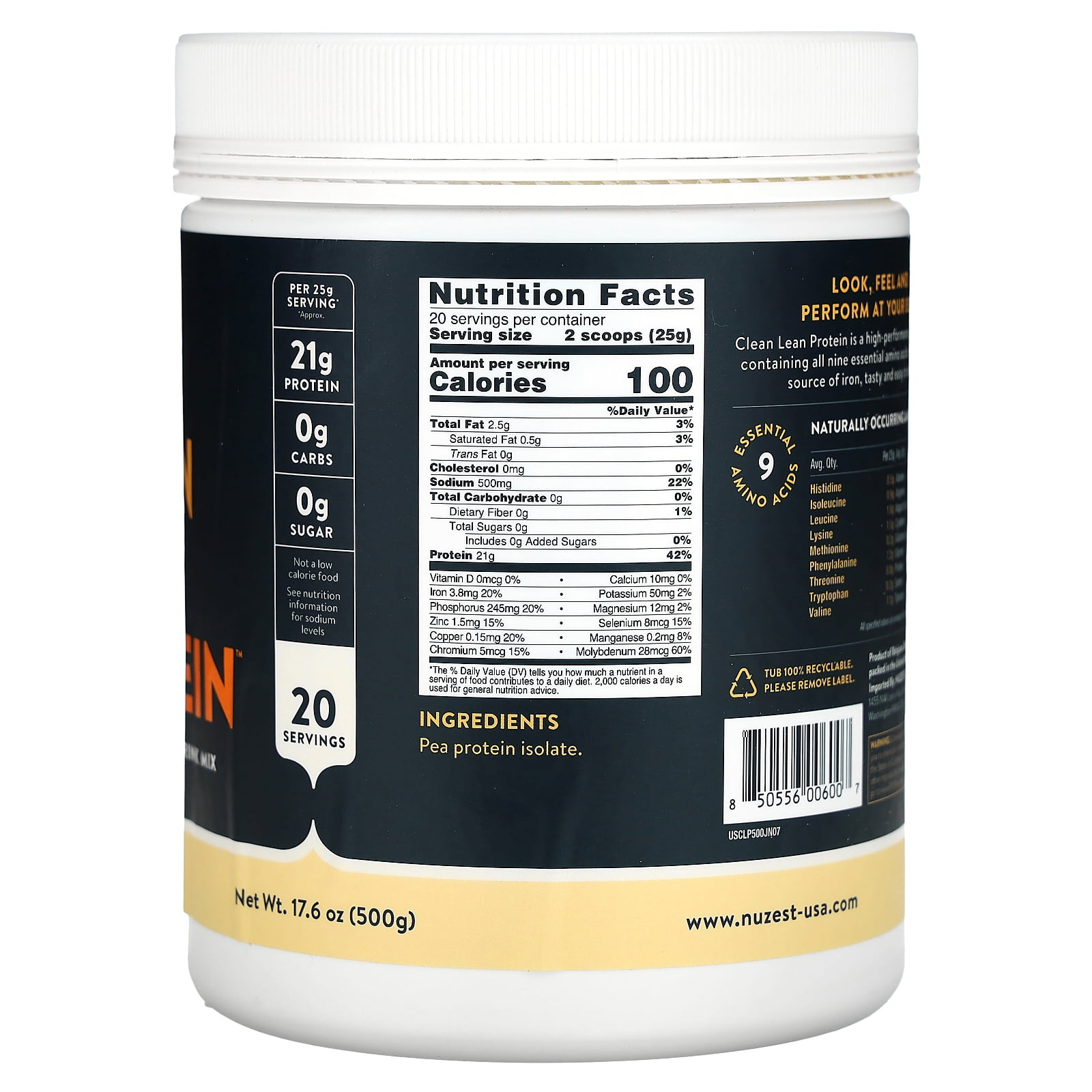 Nuzest - Pea Protein Powder - Clean Lean Protein, Premium Vegan Plant Based, Dairy Free, Gluten Free, GMO Free,  Just Natural (UNFLAVORED), 20 Servings, 1.1 lb