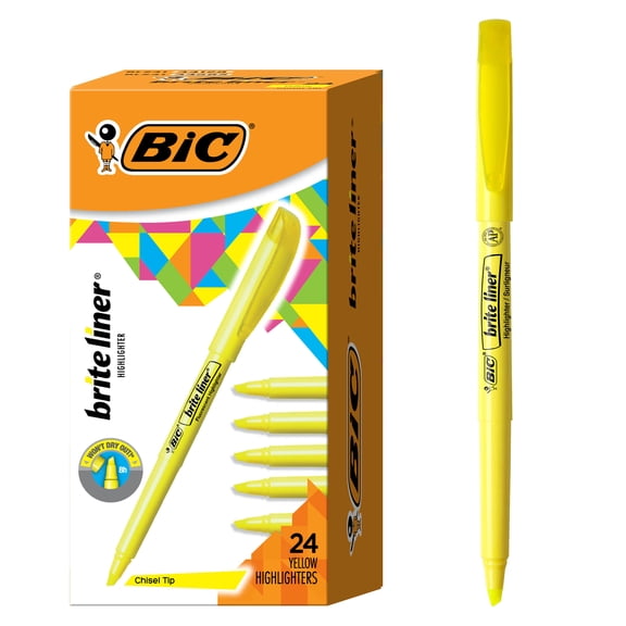 BIC Brite Liner Yellow Highlighter, Chisel Tip, Fluorescent Yellow Ink, 24 Count Yellow Highlighters
