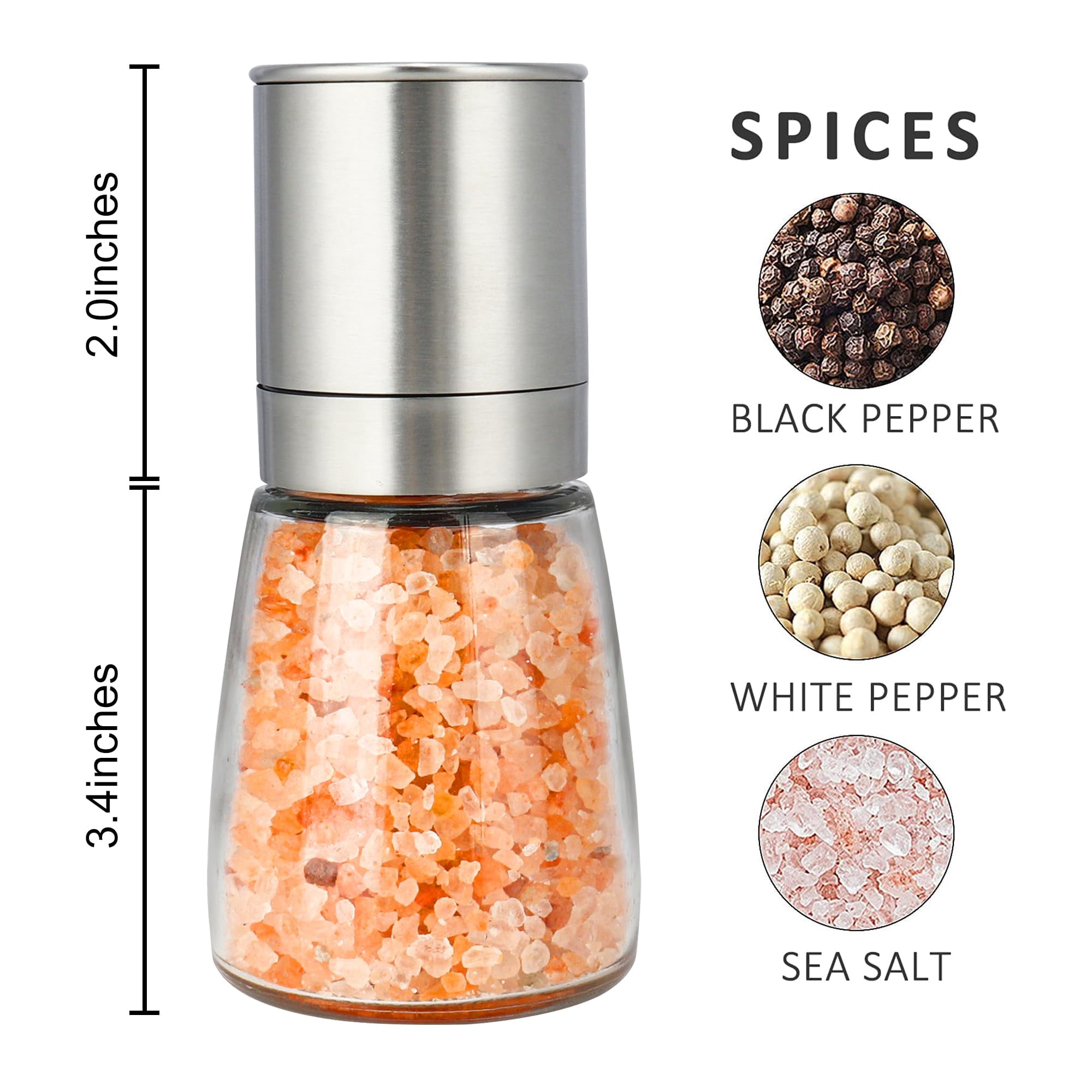 Salt and Pepper Grinder Set Refillable Adjustable Coarseness Stainless Steel with Ceramic Rotor Kitchen Spice Mills Set of 2