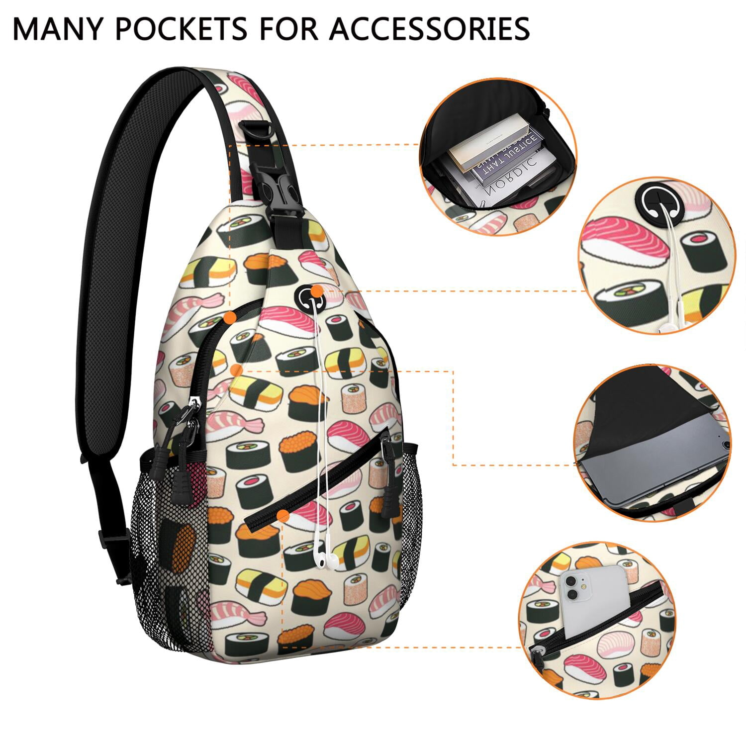 Japanese Food Inspired Shoulder Backpack Lightweight Sling Bag for Outdoor Adventures & Daily Commuting Durable & Travel-Ready Sushi Roll Design