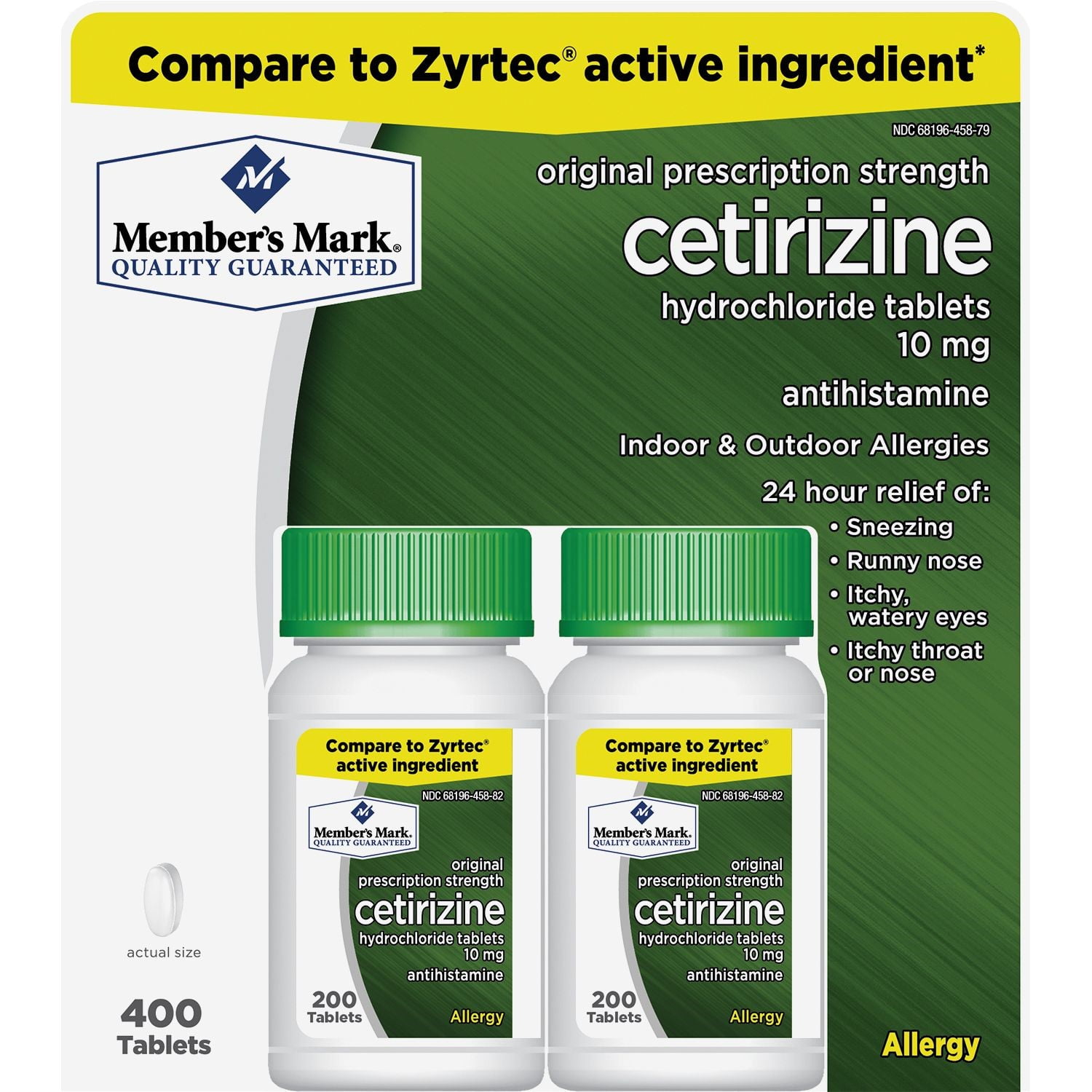 Member's mark 10mg cetirizine hydrochloride antihistamine tablets, 10