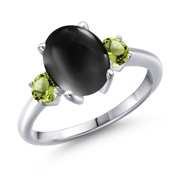 Gem Stone King 3.20 Ct Oval Cabochon Black Onyx Green Peridot 925 Sterling Silver Ring (Size 9)