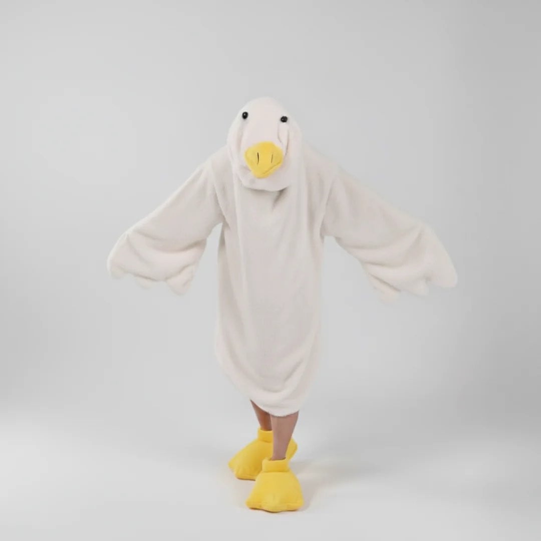 BingTong Goose Blanket Hoodie Onesie, Fleece Oversized Wearable Blanket Hoodie With Sleeves And Goose Feet Slippers Warm and Cozy Flannel, Gift White L