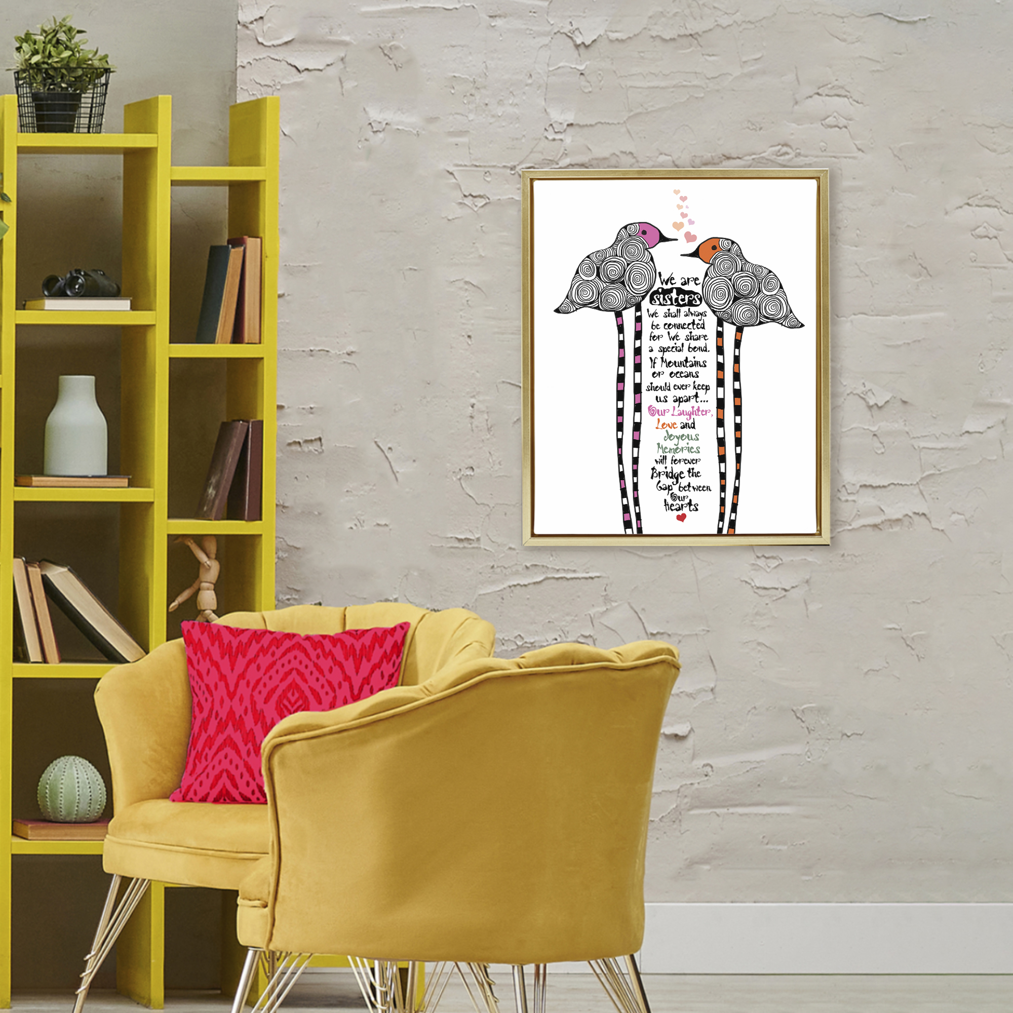 We Are Sisters Bird Duo Gold Framed Floater Canvas Wall Art, design by Suzanne Millius