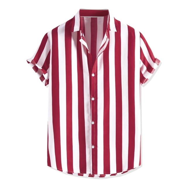 INSPIRE CHIC Camisa a rayas para hombre, manga corta, color block, con botones, playera de playa rojo XL