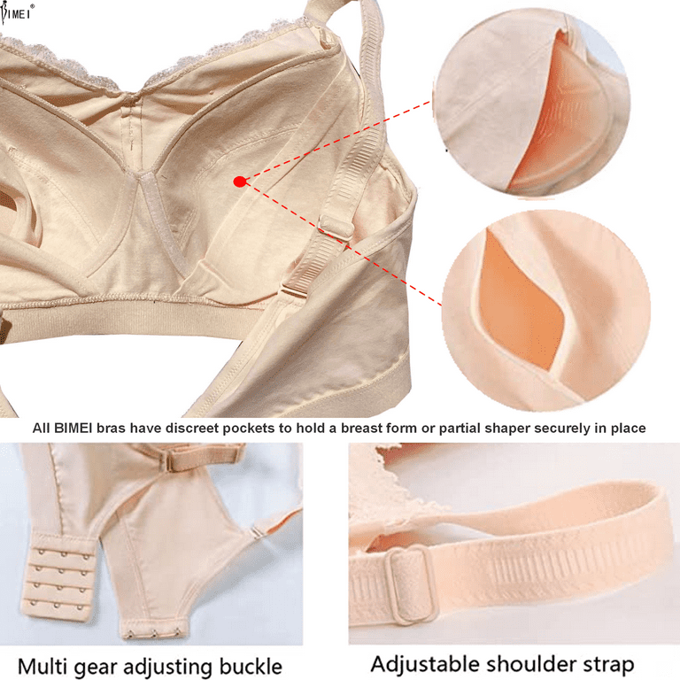 BIMEI Women's Mastectomy Bra Molded-Cup Post Surgery for Silicone Breast  Prosthesis with Pockets Everyday Bra 9816,Beige,36A