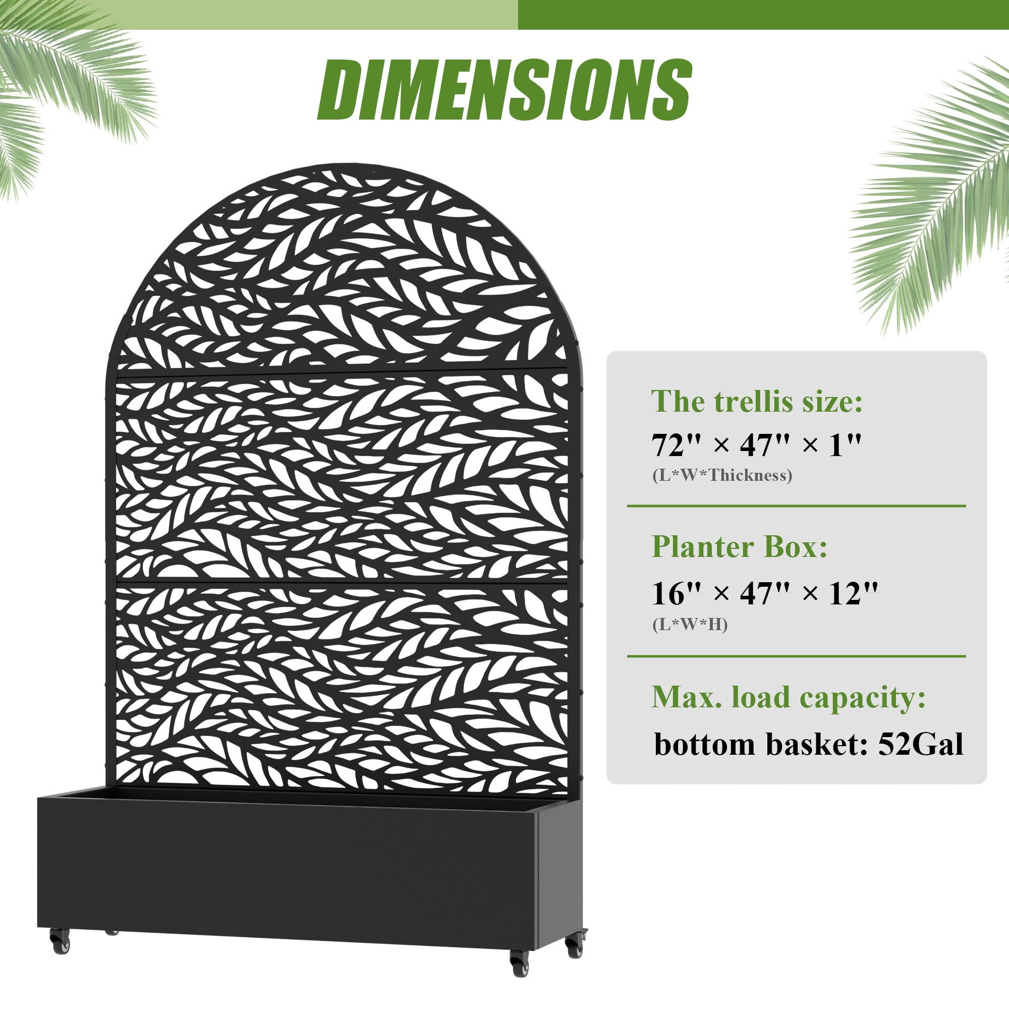 MAYEERTY Black Arched Metal Planter Box with Trellis, Outdoor Garden Patio, 72×47×16in