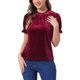 thumbnail image 1 of Camisa con cuello rizado Inspire Chic para mujer, blusa de terciopelo de manga corta, talla XS, color rojo vino, 1 of 5