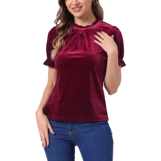 Camisa con cuello rizado Inspire Chic para mujer, blusa de terciopelo de manga corta, talla XS, color rojo vino