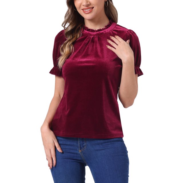 Camisa con cuello rizado Inspire Chic para mujer, blusa de terciopelo de manga corta, talla XS, color rojo vino
