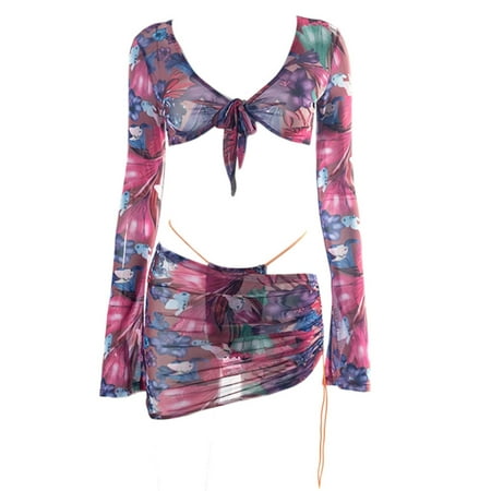 

GENEMA Women Sexy Floral Mesh 3pcs Set Long Sleeve Tie Knot Crop Top with Thong Side Drawstring Ruched Mini Skirt Beachwear