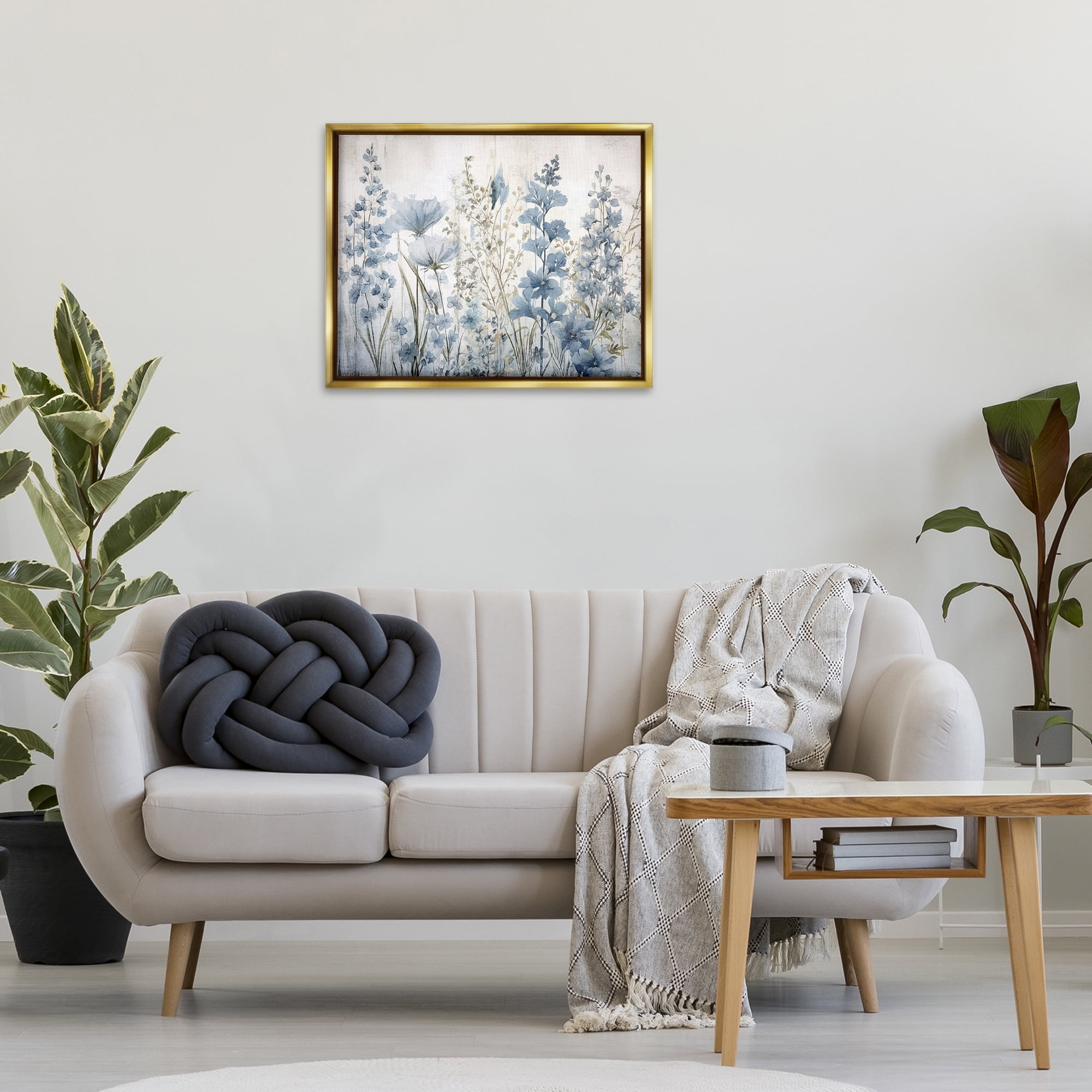 Stupell Industries Blue Nature Blooms Plants & Flowers Painting Gold Floater Framed Canvas Art Print Wall Art, 31 x 25