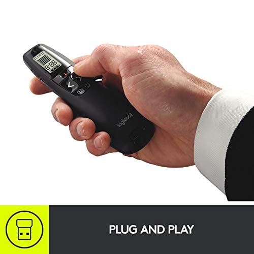 Control remoto inalámbrico de presentación Logitech Professional Presenter R800 con puntero láser verde y pantalla LCD negro