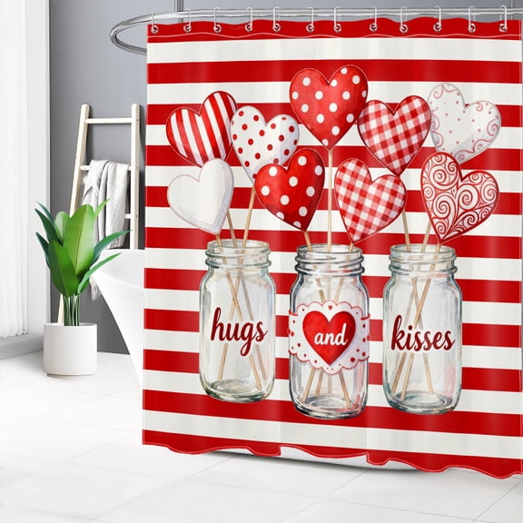 HVEST Red Valentines Day Shower Curtain, Red and White Striped Shower Curtain - Valentine's Day Bathroom Decor, Waterproof Polyester Fabric, Includes 12 Hooks, 72x78 Inches