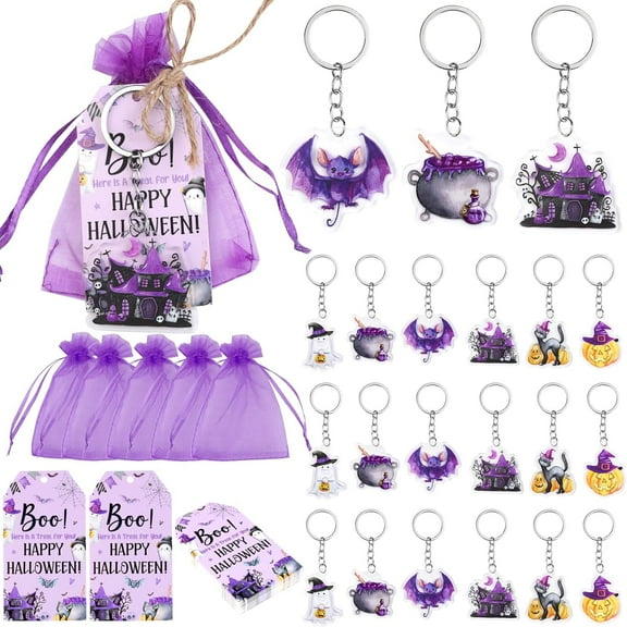Serencatcher Halloween Baby Shower Party Favors, 72pcs Halloween Party Favors Include Cat Ghost Bat Keychains Thank You Tags Purple Organza Bags for Halloween Baby Shower Birthday Party Decorations