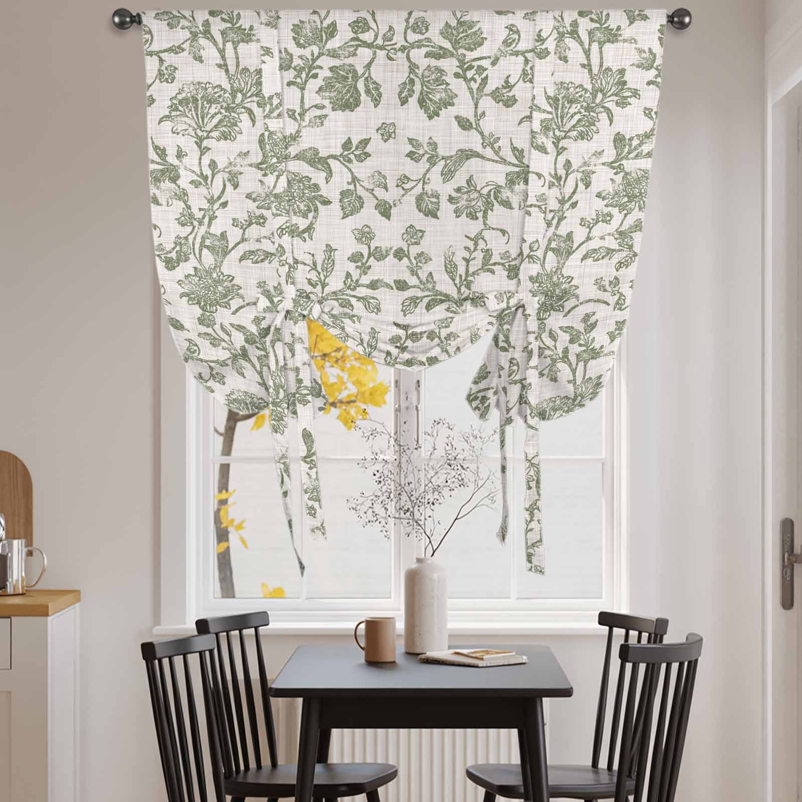 Pastoral Flowers Tie Up Curtains, Green Flower Vintage Linen Texture Adjustable Rod Pocket Balloon Curtains Light Blocking Window Treatment for Kitchen Living Room Bedroom, 34 × 45 In