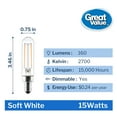 thumbnail image 3 of Great Value T6 LED 2W (15W Equivalent) Soft White Lamp E12 Candelabra Base Light Bulb, 3 of 9