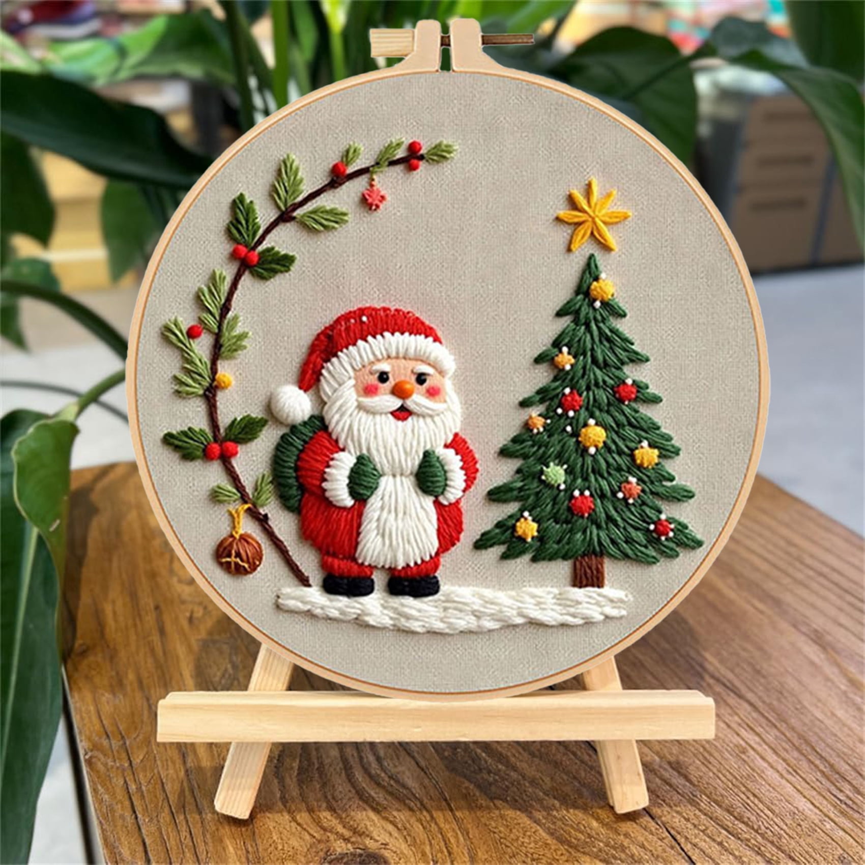 HVEST 4 Pack Christmas Embroidery Kit for Beginners - Santa Claus with Embroidery Pattern, Hoop, Complete Cross Stitch Supplies (Needle/Threads/Scissors) DIY Craft for Adults Sewing Hobby
