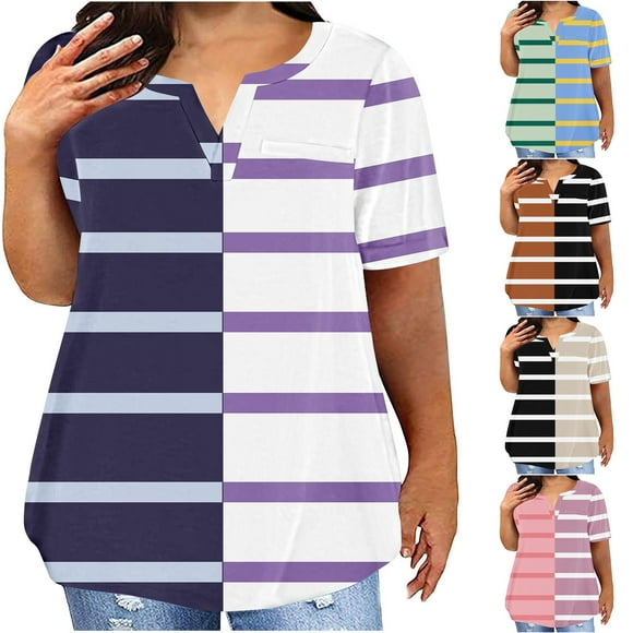 breaise Women Plus Size Tops Trendy Stripe V Neck Blouse 2025 Summer Short Sleeve T Shirt Casual Oversize Shirt Pullover Ofertas de moda