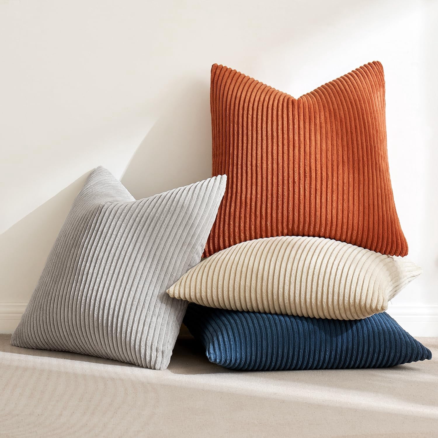 Boho Farmhouse Throw Pillow Covers 18x18 Inch Set Of 4 Summer Mordern Neutral Cushion Soft Corduroy Nordic Home Decor For Couch Bed Sofa Living Room Blue-yellow